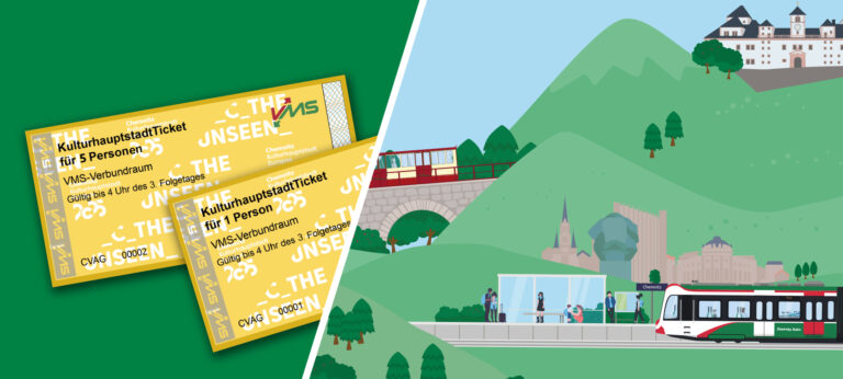 Bild zeigt stilisiertes KulturhauptstadtTicket vor einer sächsischen Landschaft als Vektorgrafik